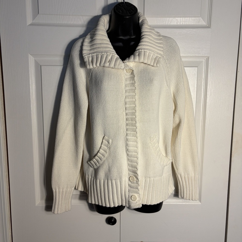Vintage High Sierra Chunky Knit Cardigan Women XL Cream Y2K Button Front Pockets